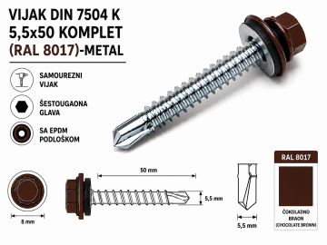 VIJAK DIN 7504 K 5,5x50 KOMPLET (RAL 8017)-METAL